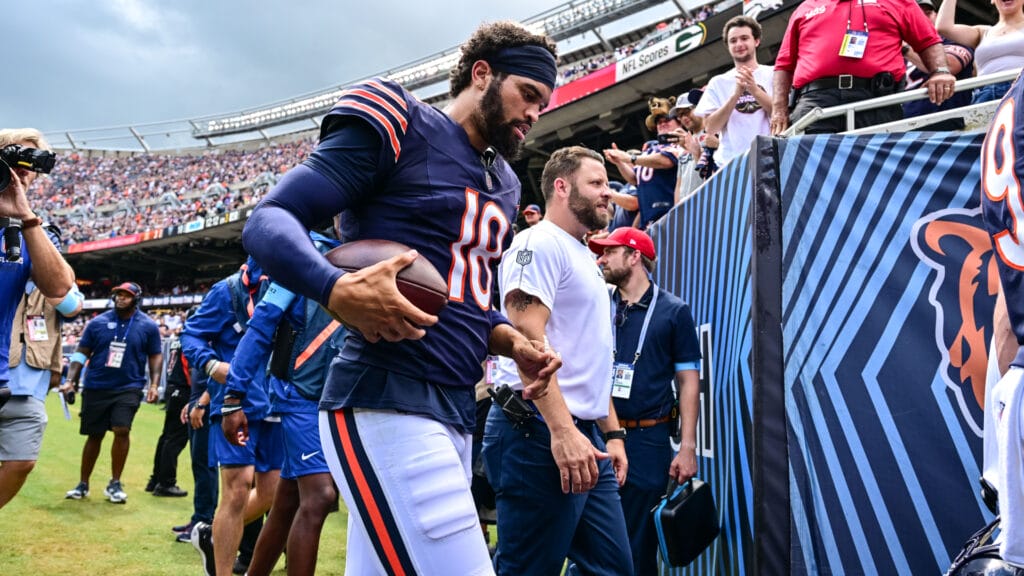 Bears QB Caleb Williams jogs to the locker room after the first half in Saturday's preseason win.