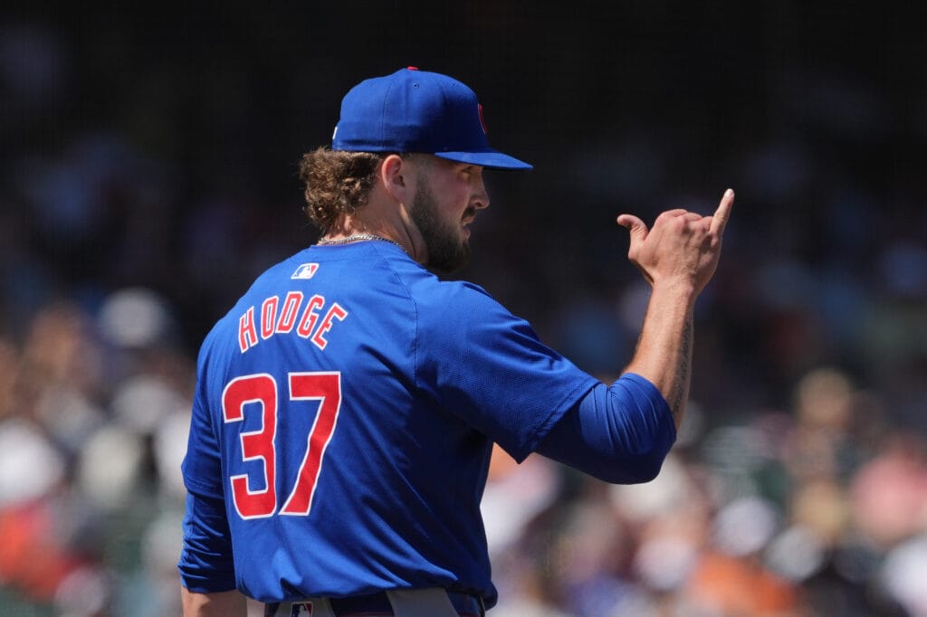 Chicago Cubs relief pitcher Porter Hodge (37) gestures during the tenth inning against the San Francisco Giants at Oracle Park.