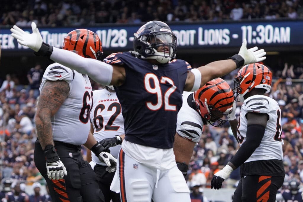 Bears DT Daniel Hardy celebrates a sack