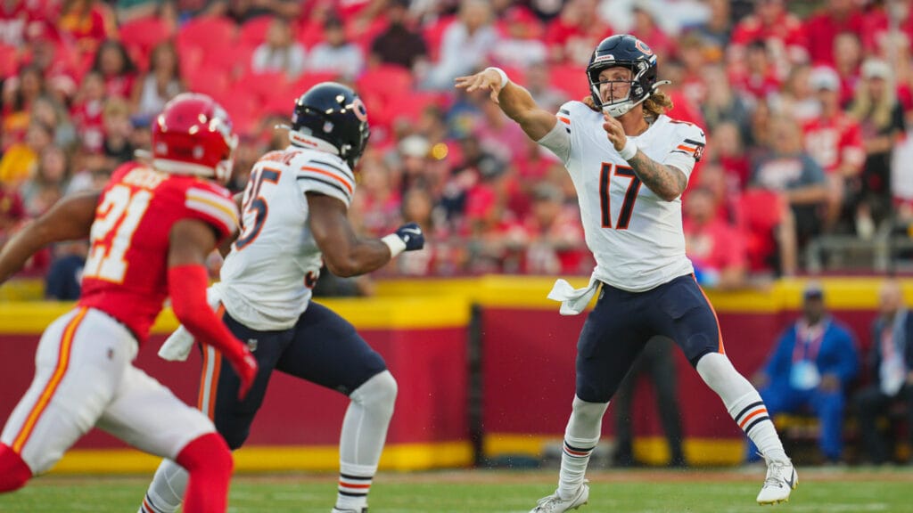 Bears QB Tyson Bagent throws on the run