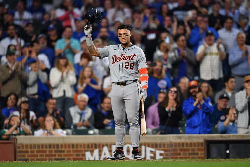 Detroit Tigers shortstop Javier Baez (28) reacts to his standing ovation for his first game back at Wrigley Field during the second inning in a game against the Chicago Cubs.