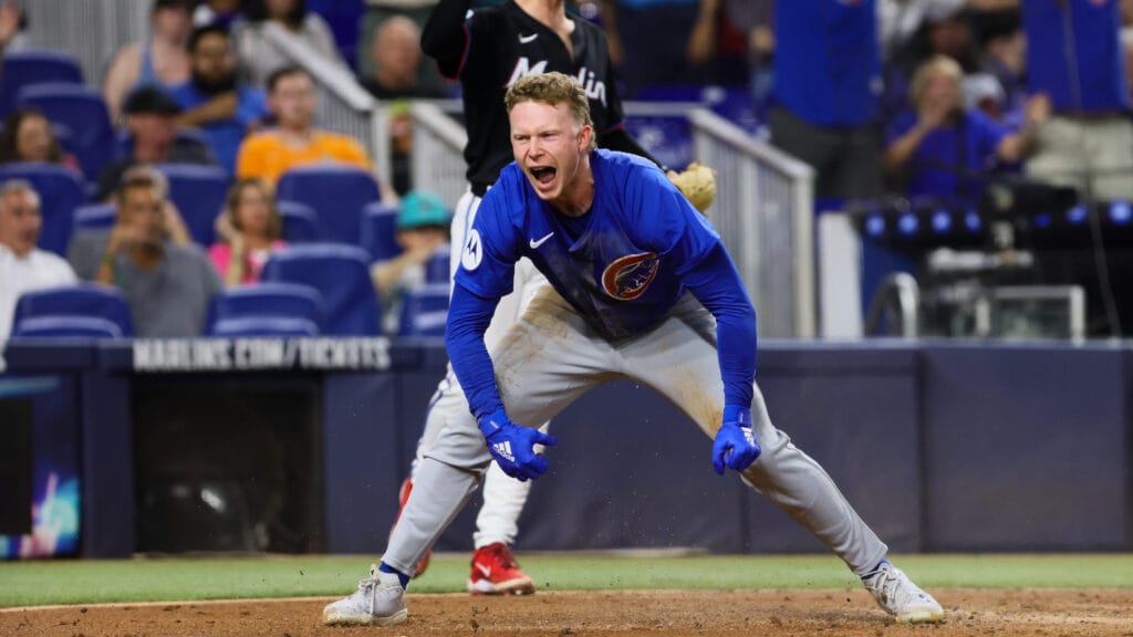 Chicago Cubs center fielder Pete Crow-Armstrong (52) reacts after hitting an inside-the-park home run against the Miami Marlins during the third inning at loanDepot Park.