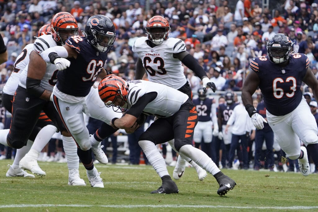 Bears' DL Daniel Hardy makes a sack on Bengals QB Logan Woodside.