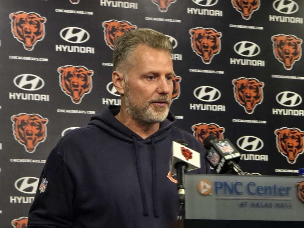 Bears head coach Matt Eberflus addresses the media at Halas Hall