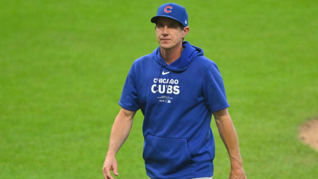 Chicago Cubs manager Craig Counsell (30) walks on the field in the fifth inning against the Cleveland Guardians at Progressive Field.