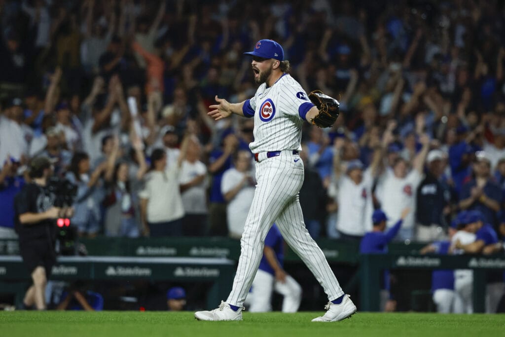 Chicago Cubs relief pitcher Porter Hodge (37) celebrates team's combined no-hitter against the Pittsburgh Pirates in a baseball game at Wrigley Field.