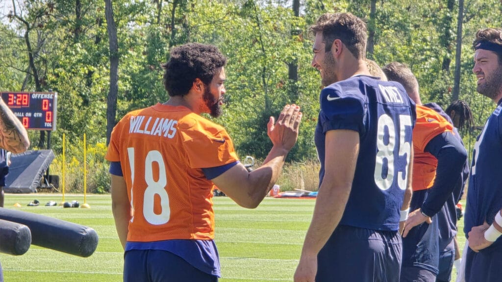 Bears' QB Caleb Williams and TE Cole Kmet on Thursday at Halas Hall