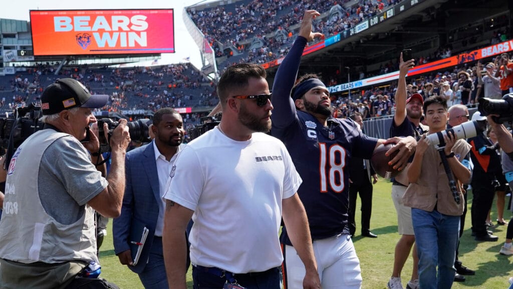 Bears QB Caleb Williams exits the field after Sunday's win vs. Tennessee