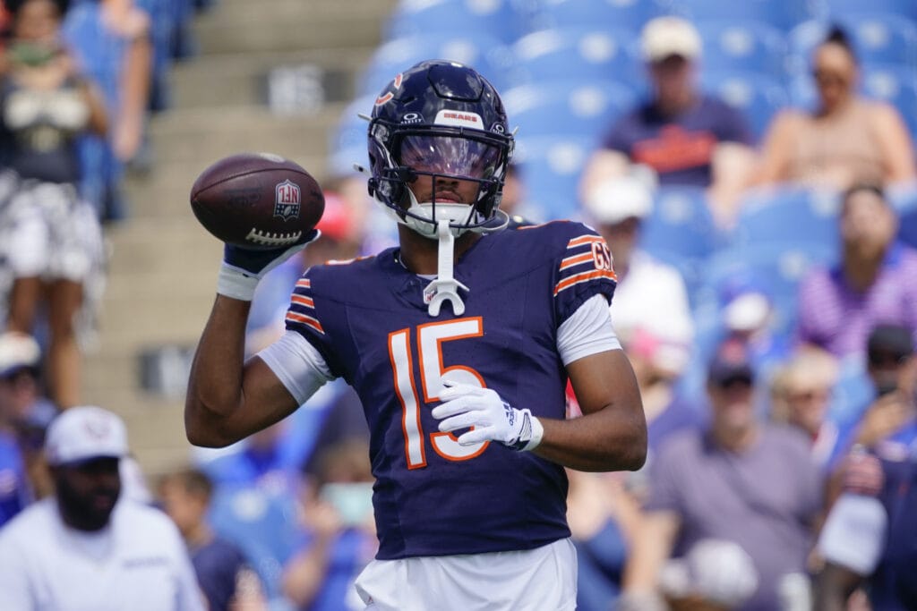 Bears' receiver Rome Odunze warming up ahead of a preseason matchup against the Bills.
