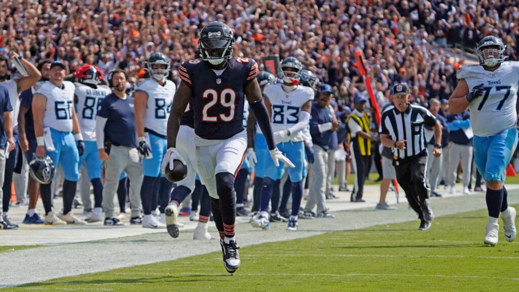 Bears cornerback Tyrique Stevenson returns an interception in the fourth quarter in Week 1 vs. Tennessee