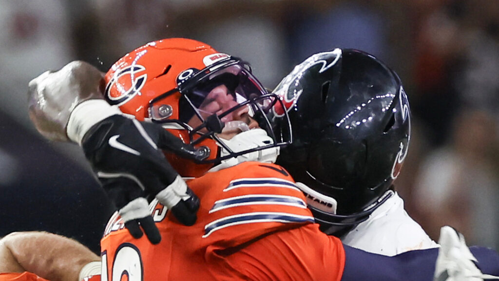 Bears' Caleb Williams takes a hit against the Texans on Sunday Night Football