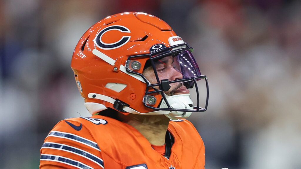 Bears’ Caleb Williams exits the field on Sunday night.