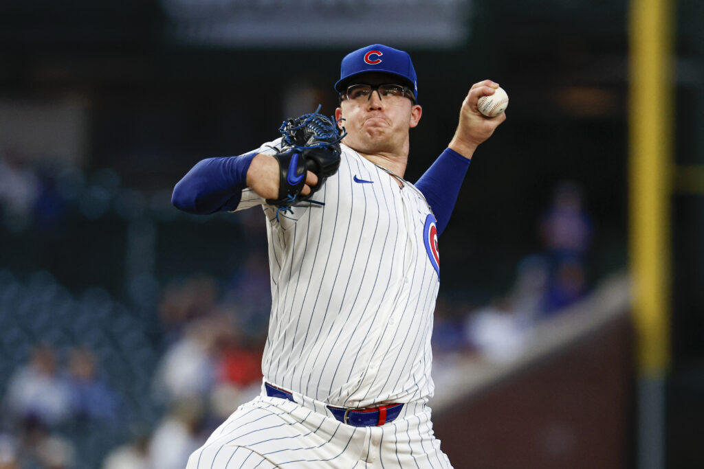 Chicago Cubs starting pitcher Jordan Wicks (36) delivers a pitch against the Oakland Athletics during the first inning at Wrigley Field.