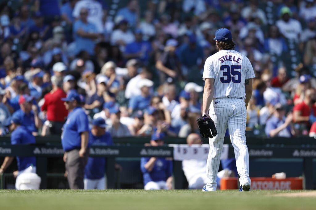 Chicago Cubs starting pitcher Justin Steele (35) leaves a baseball game against the Oakland Athletics in the third inning at Wrigley Field.