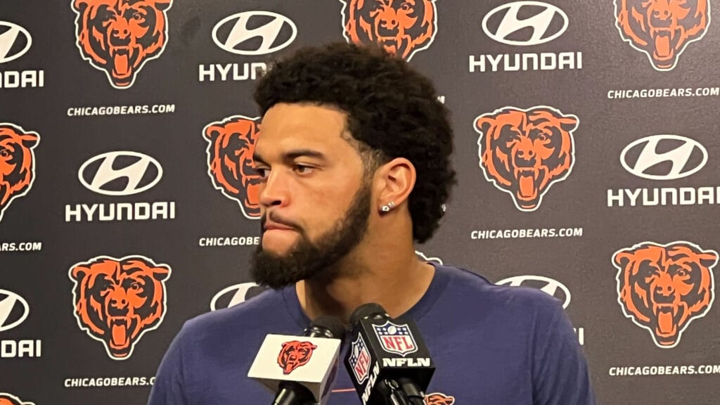 Bears quarterback Caleb Williams stands at the podium at Halas Hall on Wednesday, September 18.
