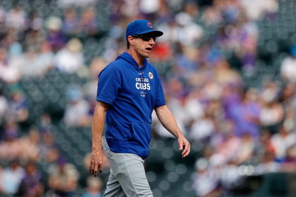 Chicago Cubs manager Craig Counsell (30) in the ninth inning against the Colorado Rockies at Coors Field.