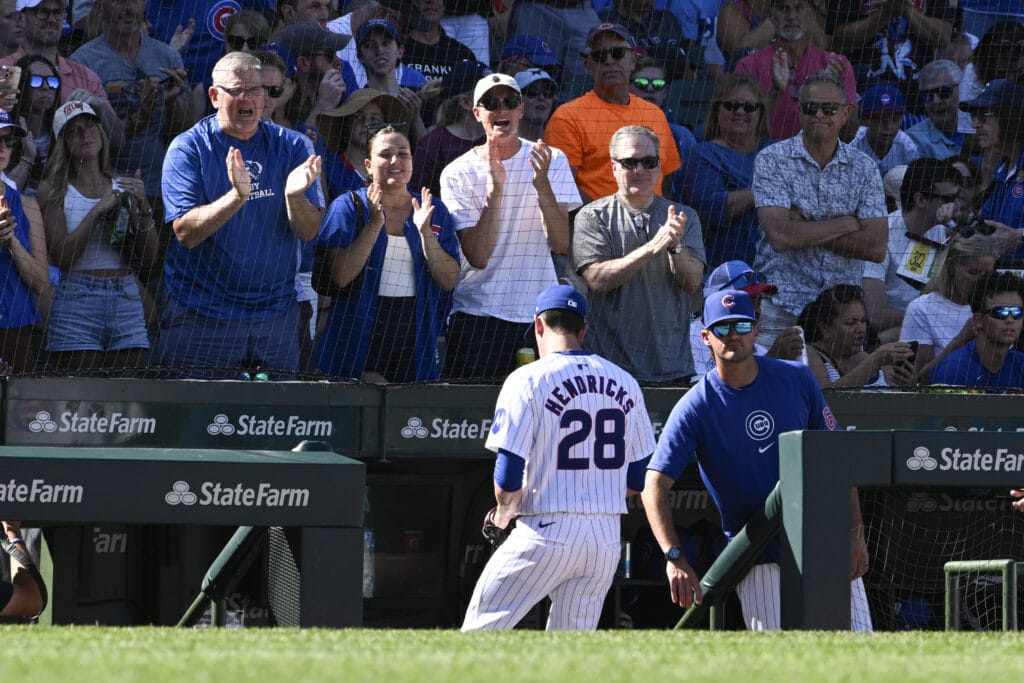 Chicago Cubs pitcher Kyle Hendricks (28) leaves the field after being relieved against the Washington Nationals during the sixth inning at Wrigley Field.
