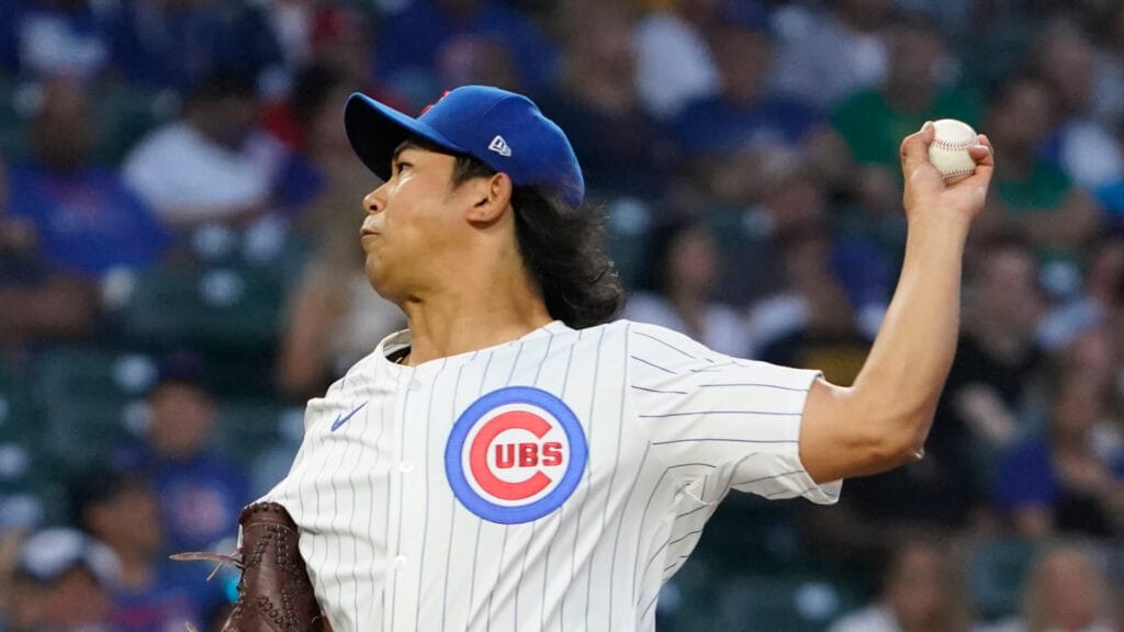 Chicago Cubs pitcher Shota Imanaga (18) throws the ball against the Washington Nationals during the first inning at Wrigley Field.