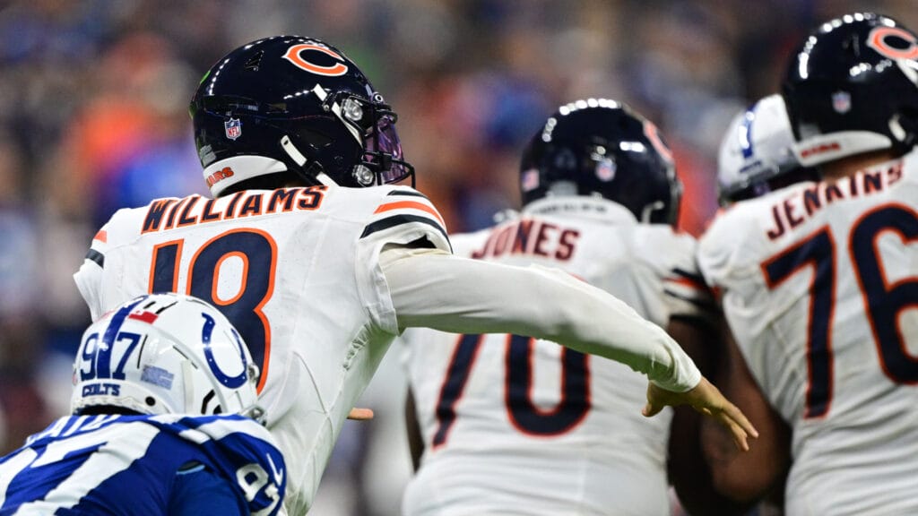 Chicago Bears' Caleb Williams, Braxton Jones, and Teven Jenkins