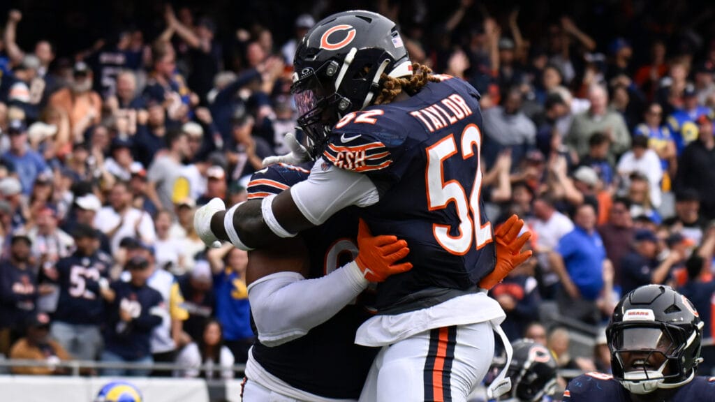 Bears EDGE Darrell Taylor celebrates on the field