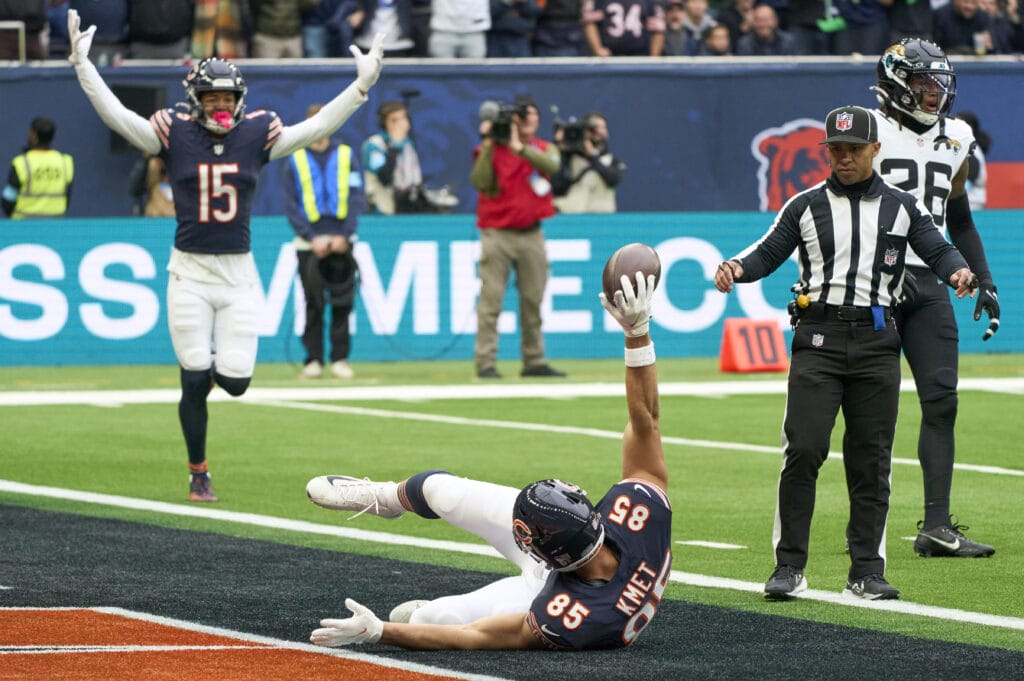 Bears tight end Cole Kmet and receiver Rome Odunze celebrate touchdown