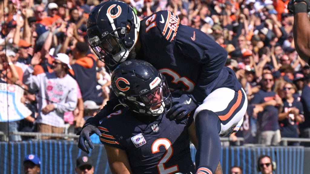 Chicago Bears receivers DJ Moore and Keenan Allen celebrate a Bears touchdown