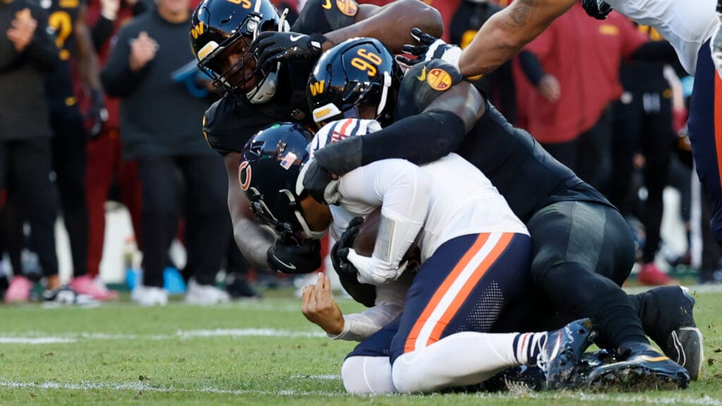 Chicago Bears quarterback Caleb Williams sacked