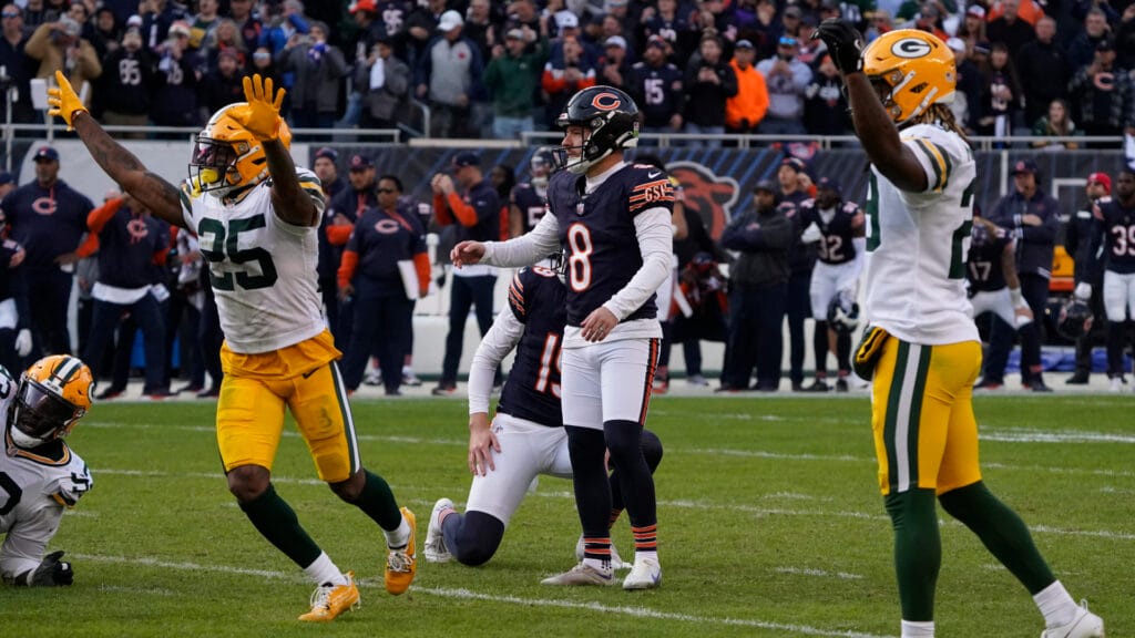 Chicago Bears kicker Cairo Santos after his potential game-winning kick is blocked.