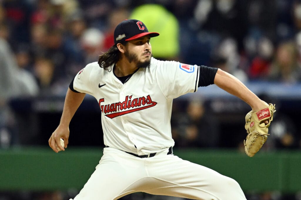 Cleveland Guardians pitcher Eli Morgan (49) pitches against the New York Yankees in the fifth inning during game four of the ALCS for the 2024 MLB playoffs at Progressive Field.