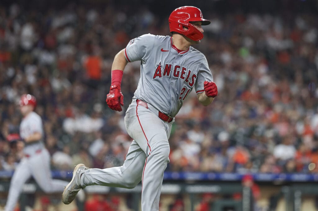 Los Angeles Angels catcher Matt Thaiss (21) runs to first on an RBI single during the fifth inning against the Houston Astros at Minute Maid Park.