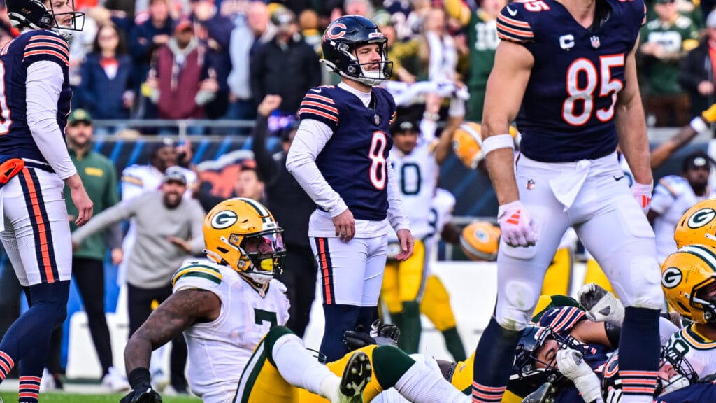 Chicago Bears kicker Cairo Santos stands after 46-yard game-winning attempt is blocked.