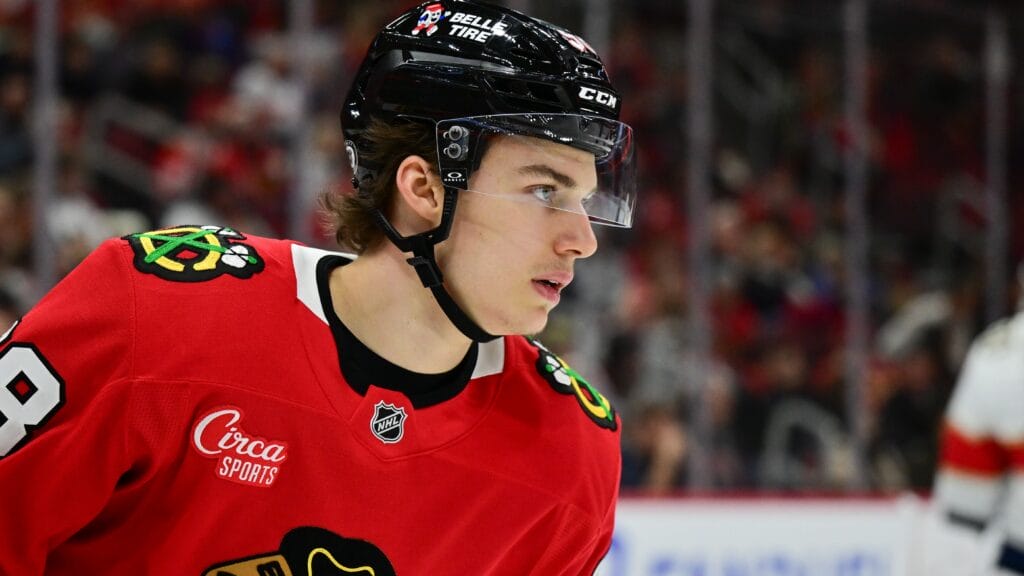 Nov 21, 2024; Chicago, Illinois, USA; Chicago Blackhawks center Connor Bedard (98) looks on against the Florida Panthers during the second period at the United Center.