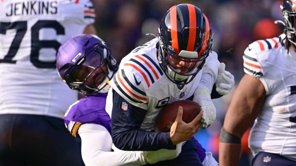 Chicago Bears quarterback Caleb Williams is sacked