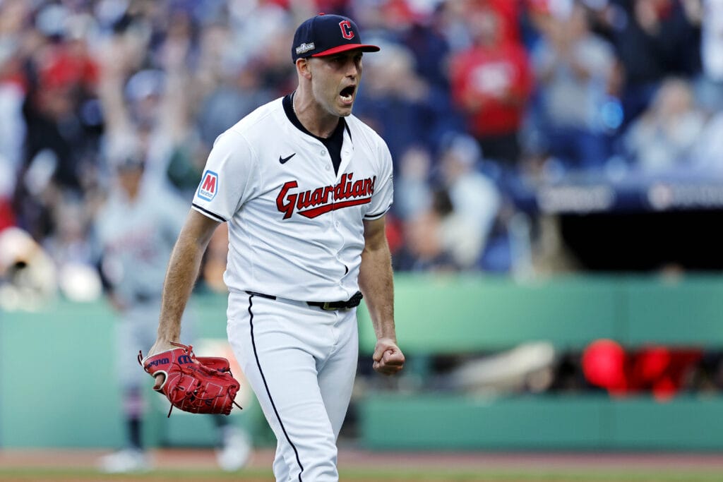 Cleveland Guardians pitcher Matthew Boyd (16) reacts after getting the last out of the fourth inning against the Detroit Tigers during game two of the ALDS for the 2024 MLB Playoffs at Progressive Field.