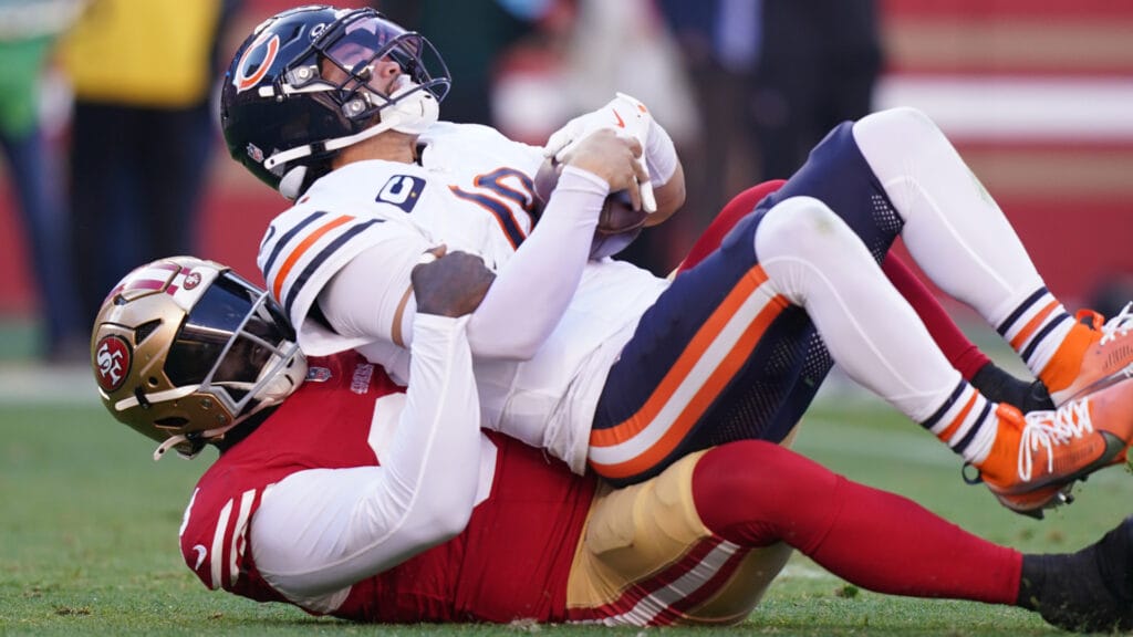 Chicago Bears quarterback Caleb Williams is sacked.