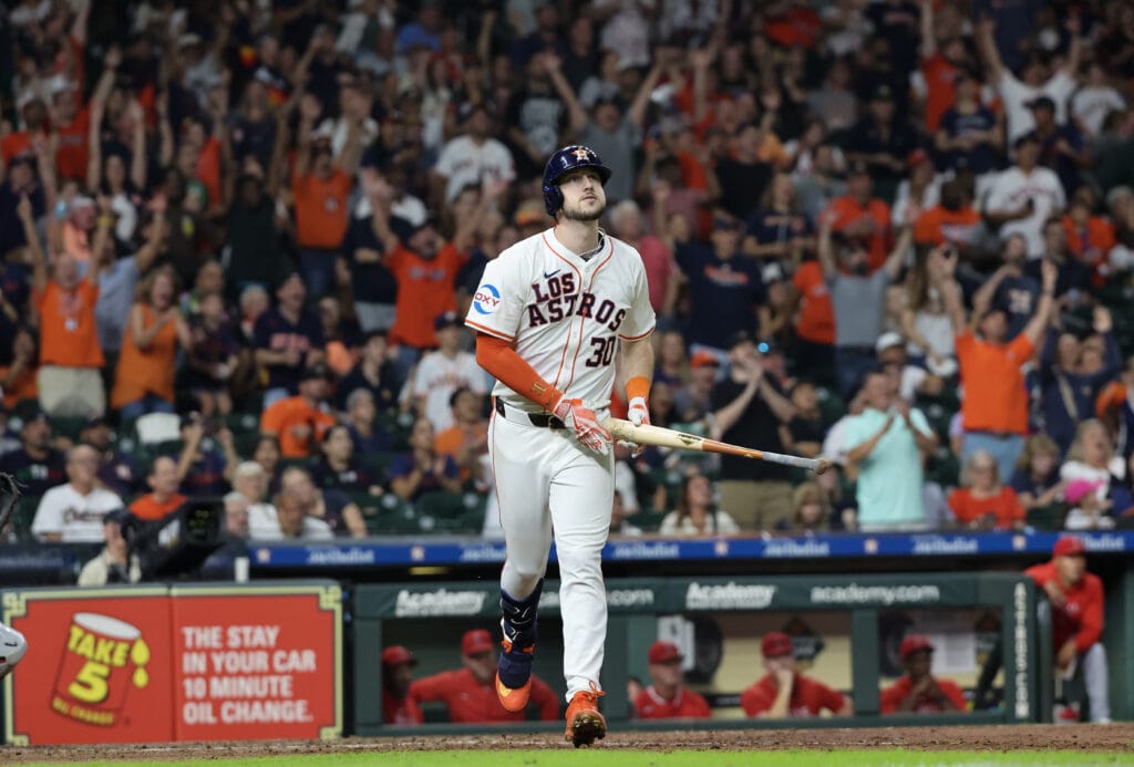 Houston Astros right fielder Kyle Tucker (30) watches his home run against the Los Angeles Angels in the seventh inning at Minute Maid Park.