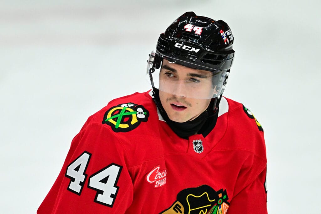 Nov 21, 2024; Chicago, Illinois, USA; Chicago Blackhawks defenseman Wyatt Kaiser (44) warms up against the Florida Panthers before the game at the United Center.