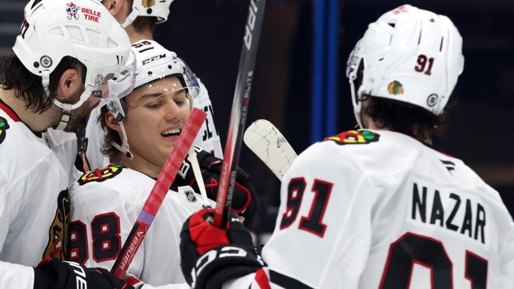 Blackhawks forwards Connor Bedard, Frank Nazar