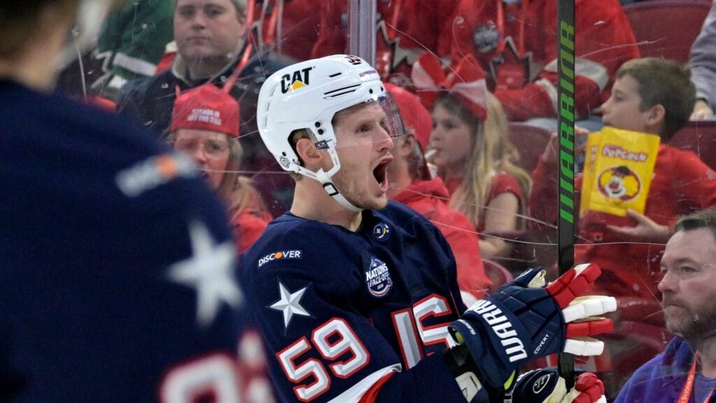 Team United States forward Jake Guentzel (59) celebrates after scoring a goal against Team Canada in the first period during a 4 Nations Face-Off ice hockey game at the Bell Centre.