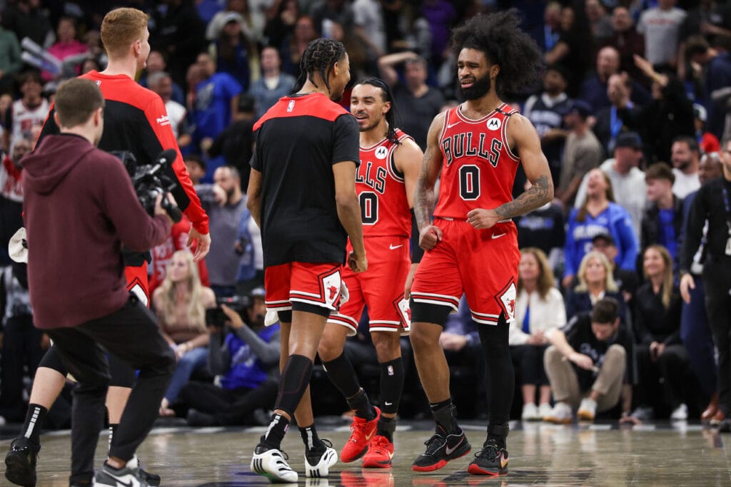 Chicago Bulls teammates' celebrate Coby White after his career-night