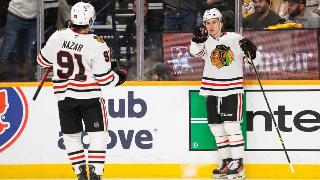 Chicago Blackhawks center Connor Bedard (98) celebrates his goal with center Frank Nazar (91) against the Nashville Predators.
