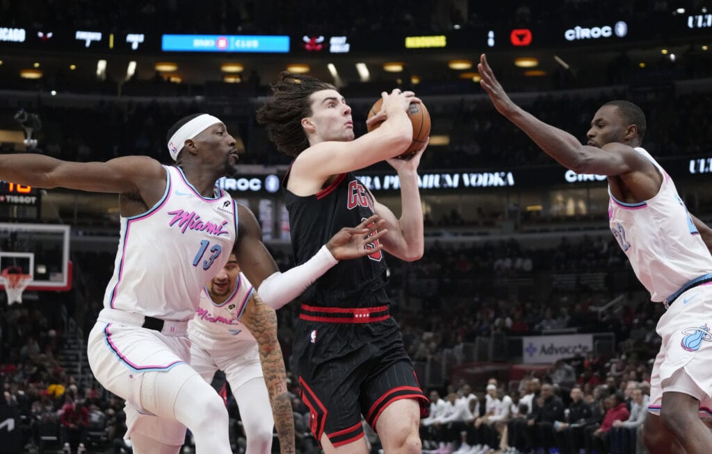 Josh Giddey goes up for a layup in the Chicago Bulls most recent matchup with the Miami Heat