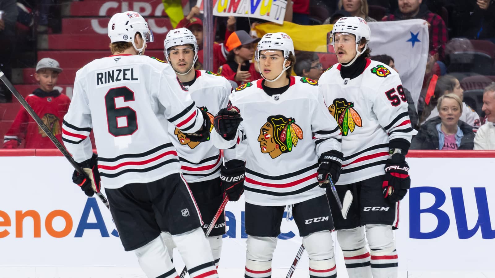 Apr 15, 2025; Ottawa, Ontario, CAN; Chicago Blackhawks center Connor Bedard (98) celebrates his goal scored in the second period against the Ottawa Senators at the Canadian Tire Centre.