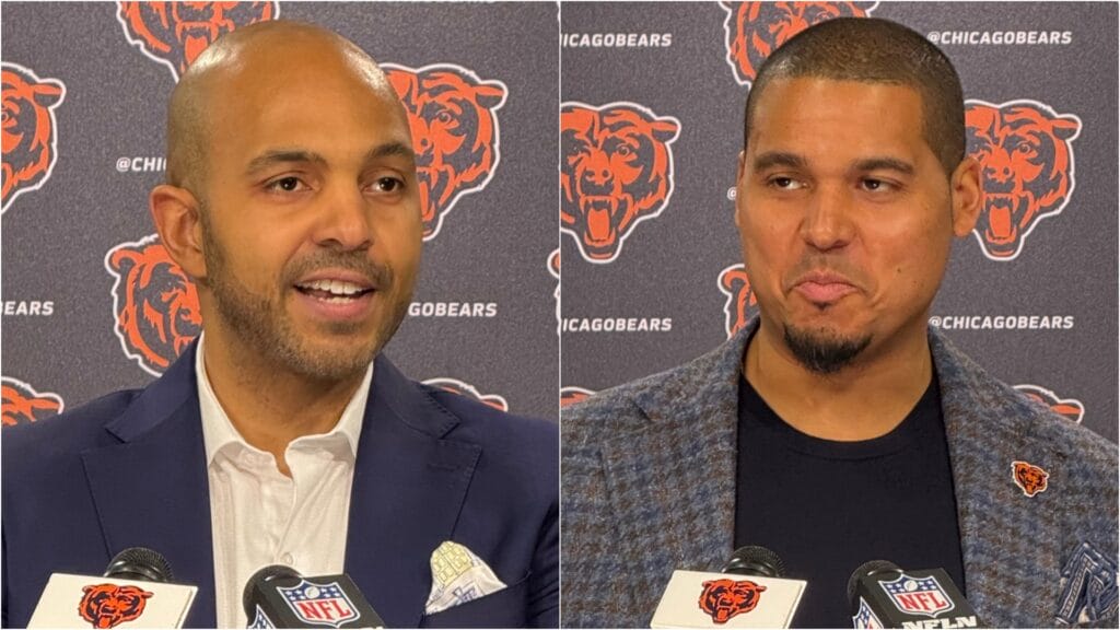 Chicago Bears assistant general manager Ian Cunningham and general manager Ryan Poles at Halas Hall