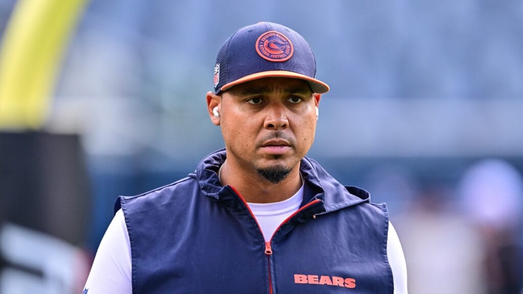 Chicago Bears general manager Ryan Poles looks on before the game against the Cincinnati Bengals at Soldier Field.