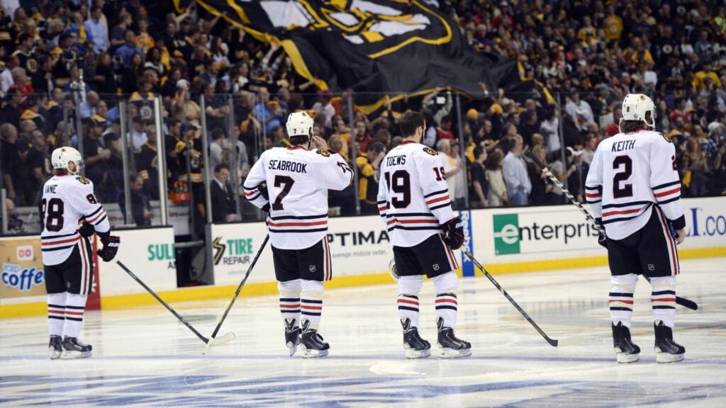 Former Chicago Blackhawks Patrick Kane, Brent Seabrook, Jonathan Toews, Duncan Keith.