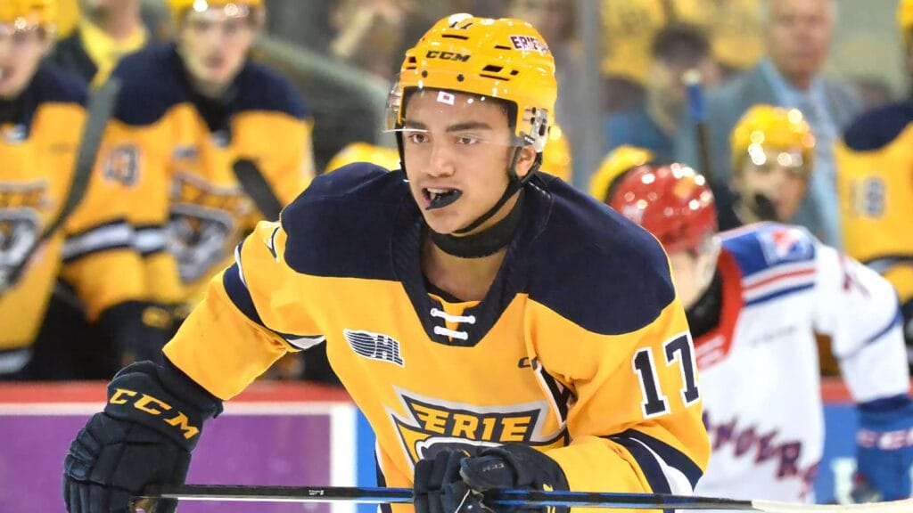 Blackhawks draft target and Erie Otters forward Malcolm Spence skates during an Ontario Hockey League Western Conference quarterfinal game against the Kitchener Rangers at Erie Insurance Arena in Erie on April 2, 2024.