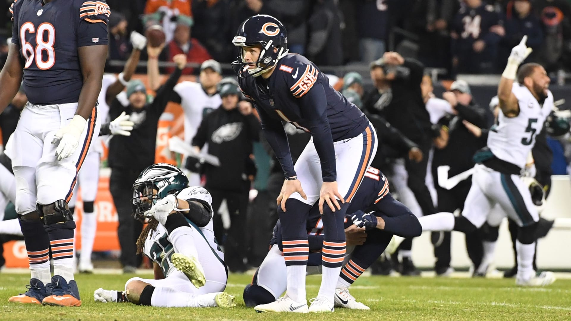 Jan 6, 2019; Chicago, IL, USA; Chicago Bears kicker Cody Parkey (1) reacts after missing a field goal against the Philadelphia Eagles in the fourth quarter of a NFC Wild Card playoff football game at Soldier Field.