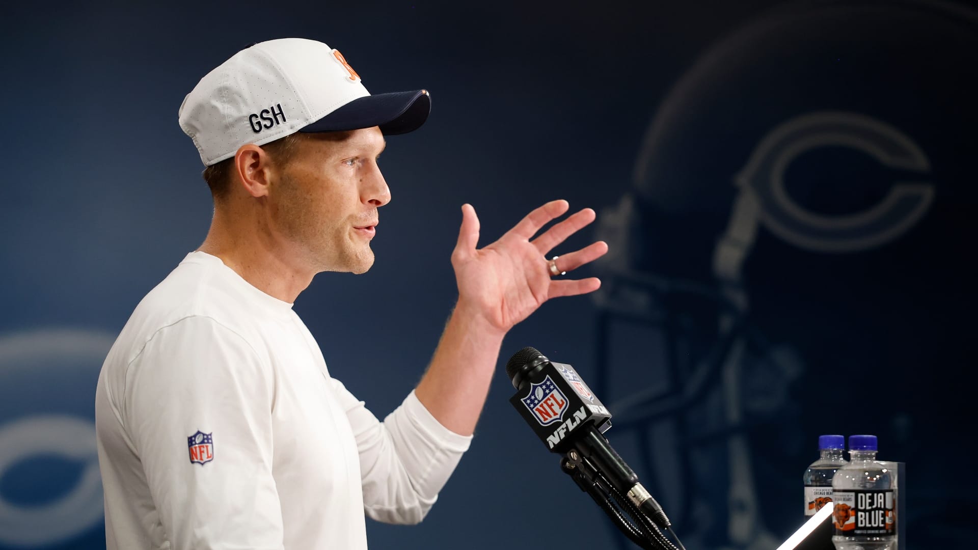 Jul 24, 2025; Lake Forest, IL, USA; Chicago Bears head coach Ben Johnson speaks during training camp at Halas Hall.