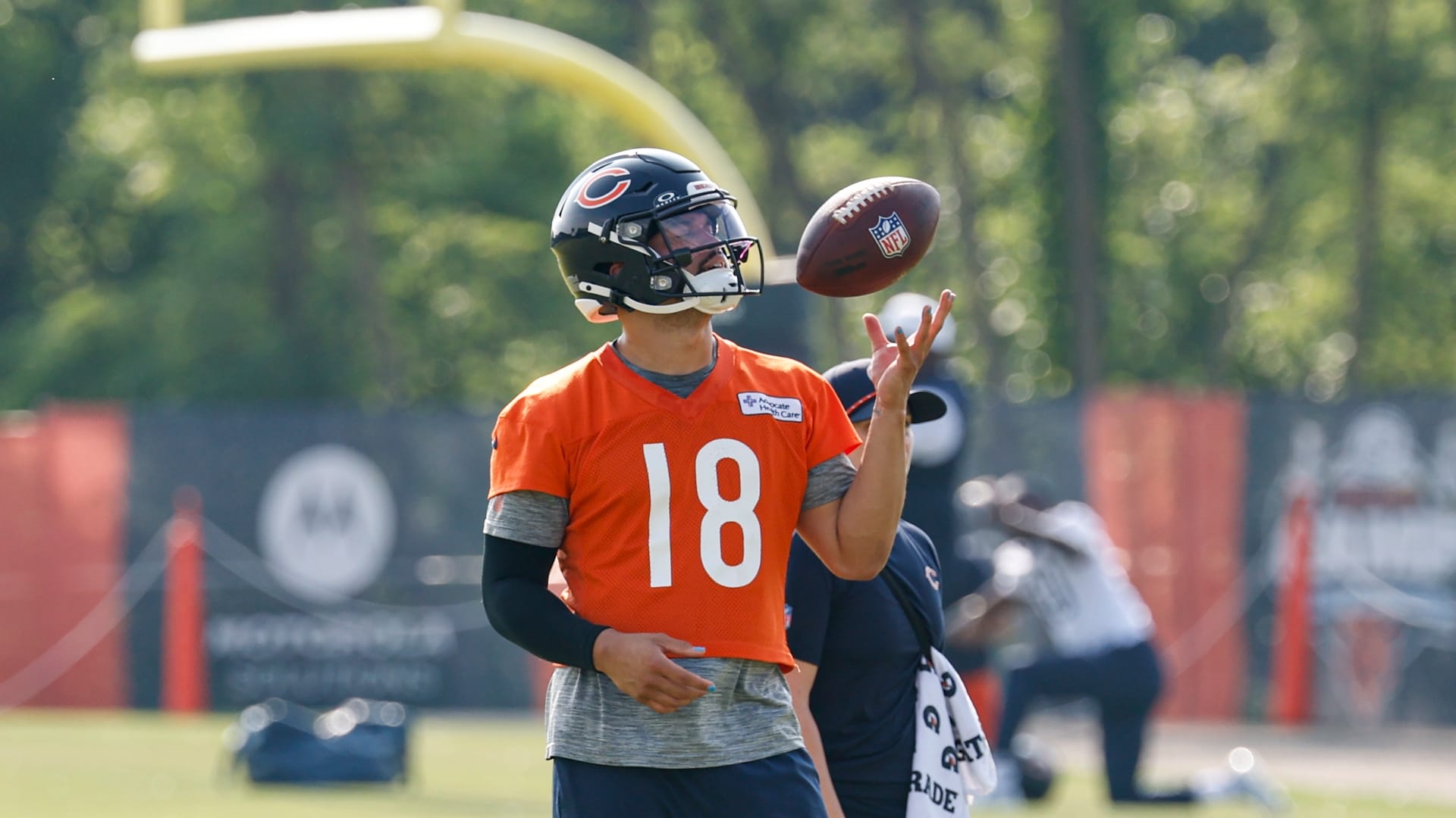 Chicago Bears quarterback Caleb Williams (18) plays with the ball during training camp at Halas Hall